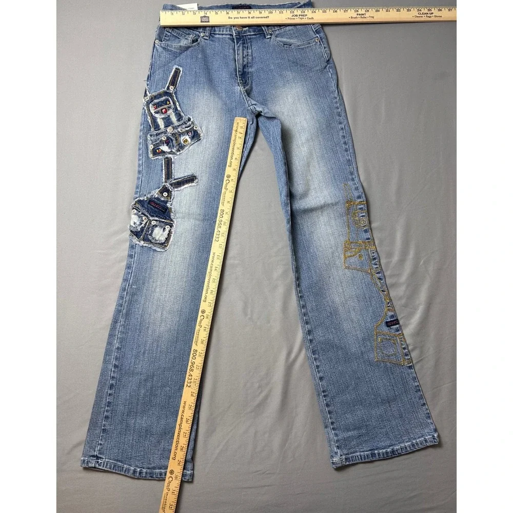 VTG Poco Jeans Women Size 11 Distressed Denim Jeans‎ with Patches Beaded